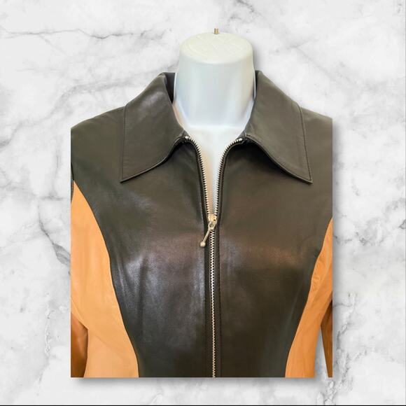 B&J Genuine Leather Two-Tone Black & Tan Zip Front Jacket Women’s Small - Picture 6 of 8